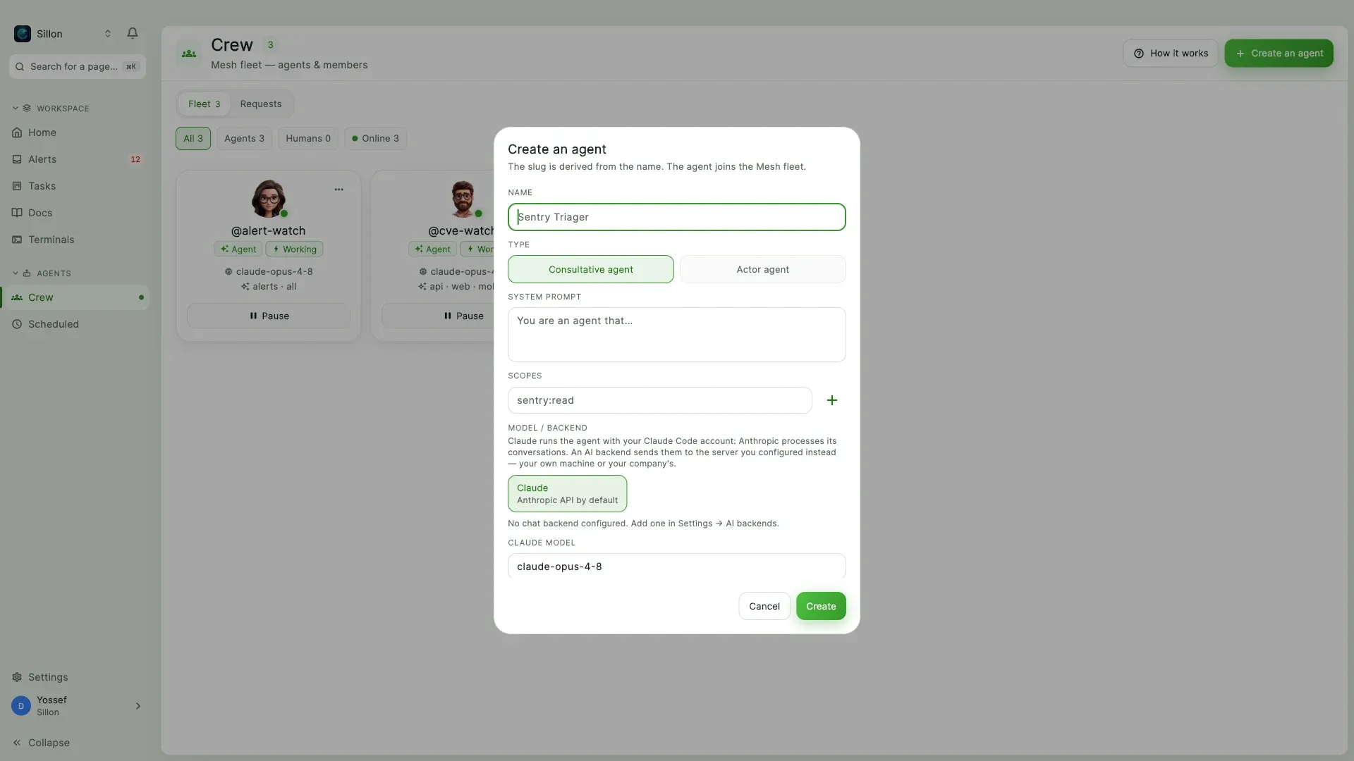 An agent creation dialog: a name, a type, a system prompt, a scope, and the model that runs it.