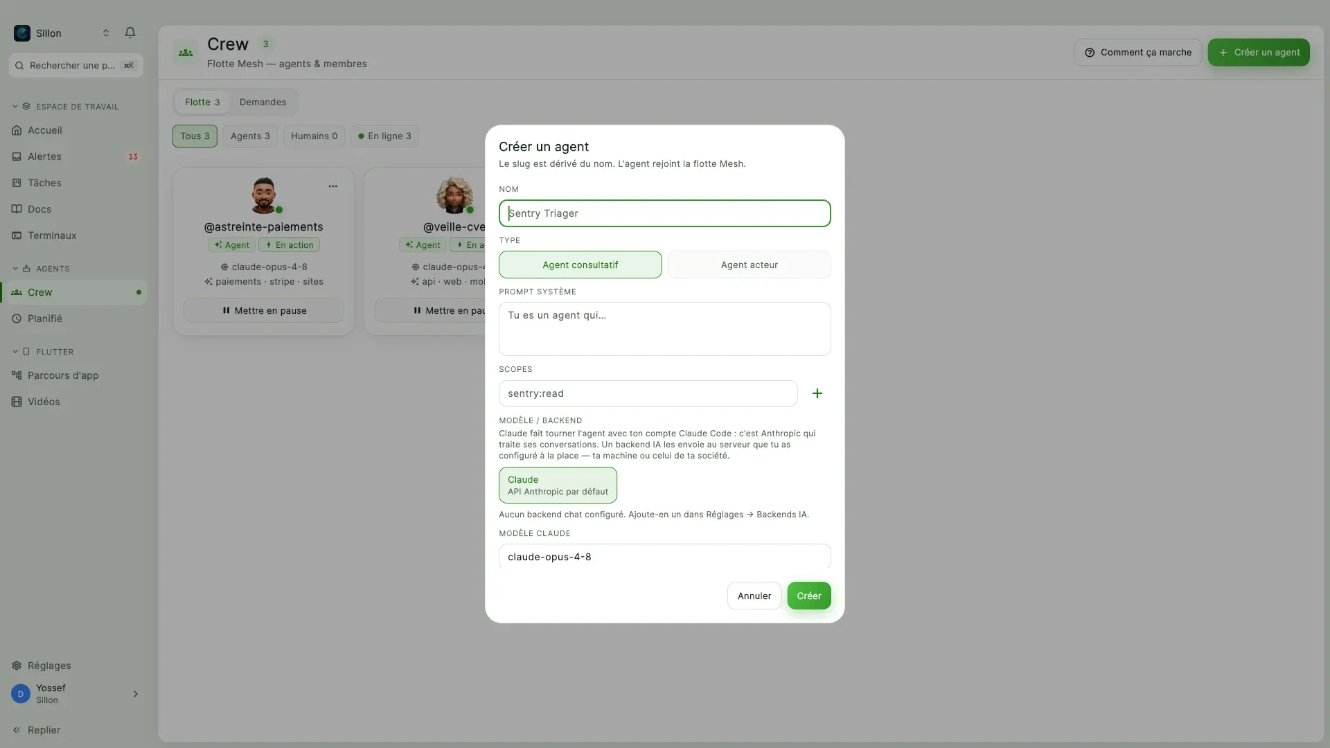 Un dialogue de création d'agent : un nom, un type, un prompt système, une portée, et le modèle.