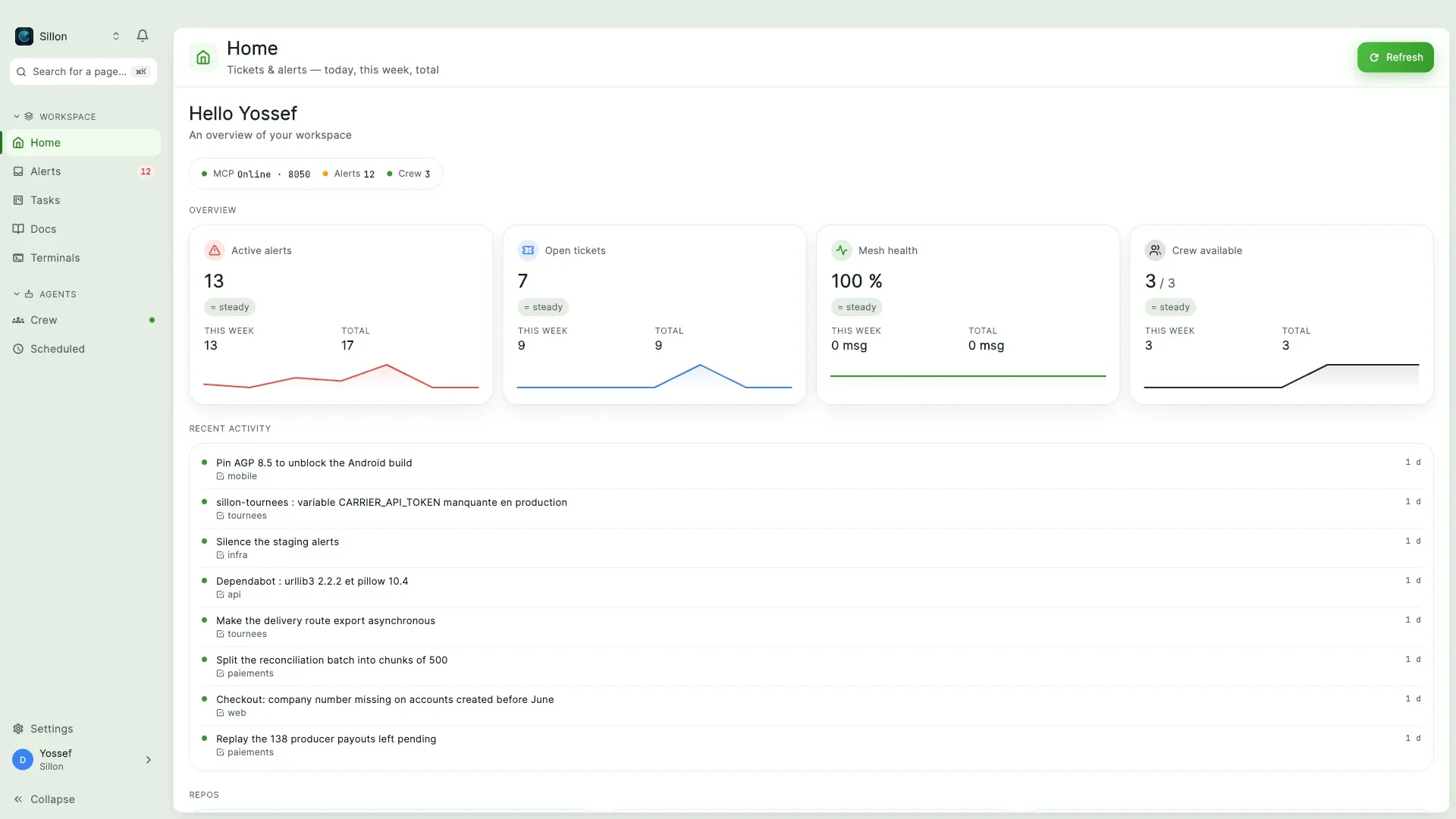 The Matcha window on the Sillon demo workspace: the Home, Alerts, Tasks, Docs, Terminals and Crew rail, next to the workspace dashboard.